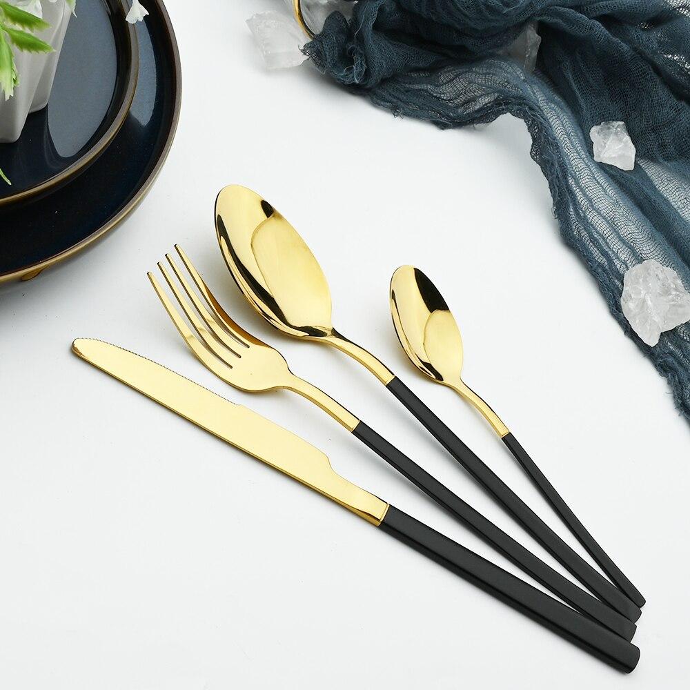 32Pcs Black Gold Cutlery Set Knife Forks Coffee Spoons Dinnerware Set Stainless Steel Tableware Western Kitchen Silverware Set