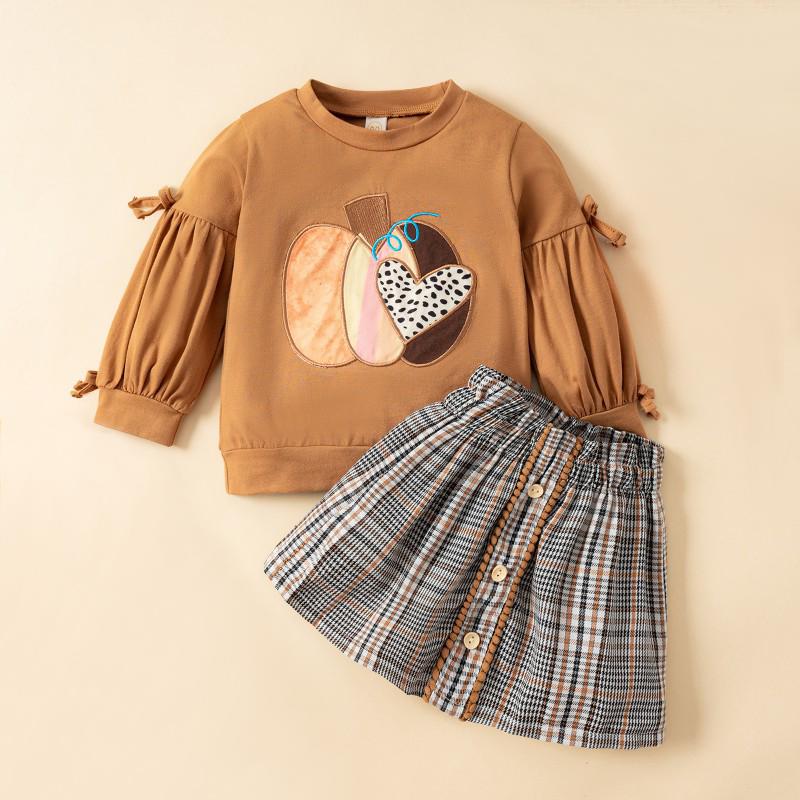 

Детский комплект из толстовки и юбки, детский пуловер с круглым вырезом и длинными рукавами с принтом, клетчатая юбка, комплект одежды
