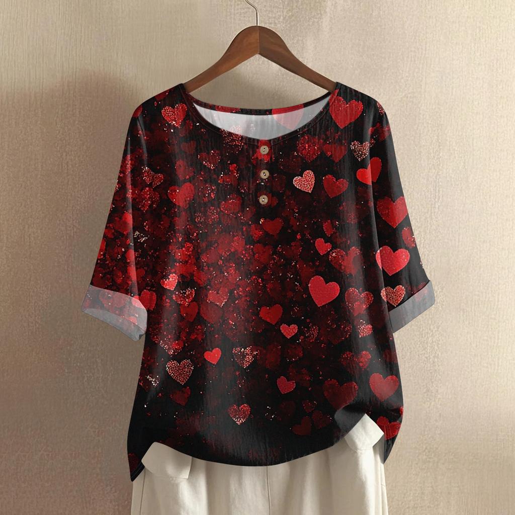 Damska casualowa i wygodna bawełniano-lniana bluzka z okrągłym dekoltem, średniej długości, z modnym nadrukiem