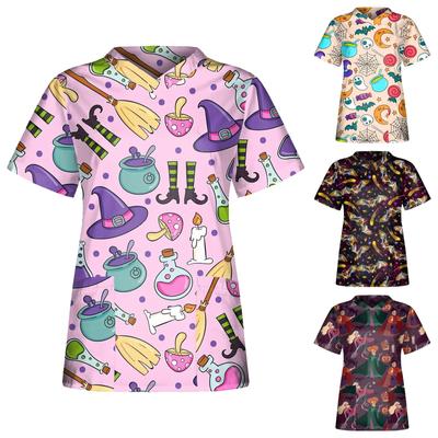 Blusas femininas de manga curta com estampa de Halloween e decote em V, roupas de trabalho casuais