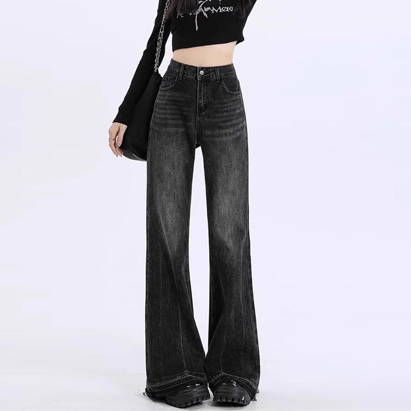 Plus Size Women's High Waist Straight Leg Jeans In Black/Grey: Loose Fit, Slimming, Raw Hem, Bootcut, Flared Long Pants.