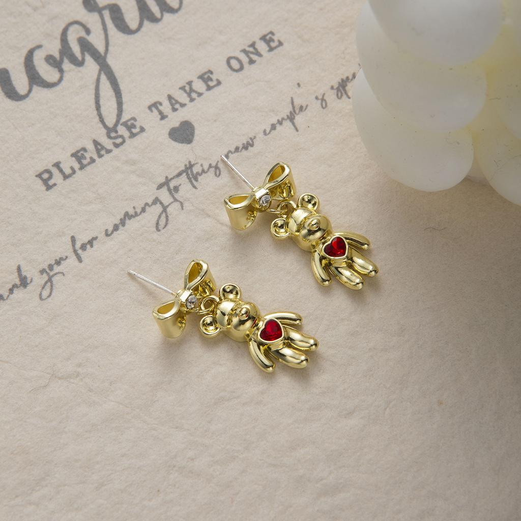 Personalized Niche Daily Glossy Love Bear Stud Earrings, Metal High-End Bow Earrings