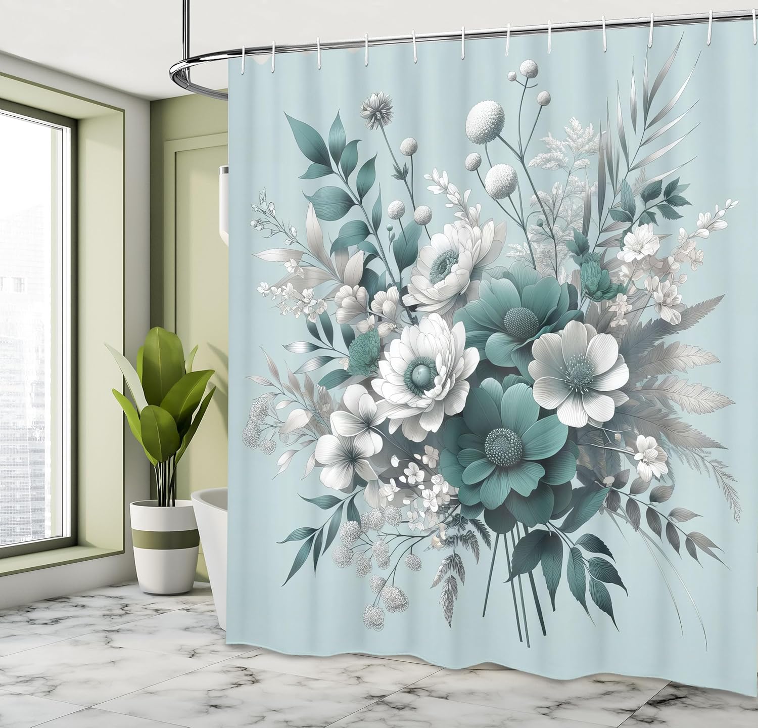 

Teal Shower Curtain, Fantasy Jungle Vibe Jumble Design Flowery Bouquet With Leaves Print Bohemian, Cloth Fabric Bathro W60H190(CM)-1 Pcs