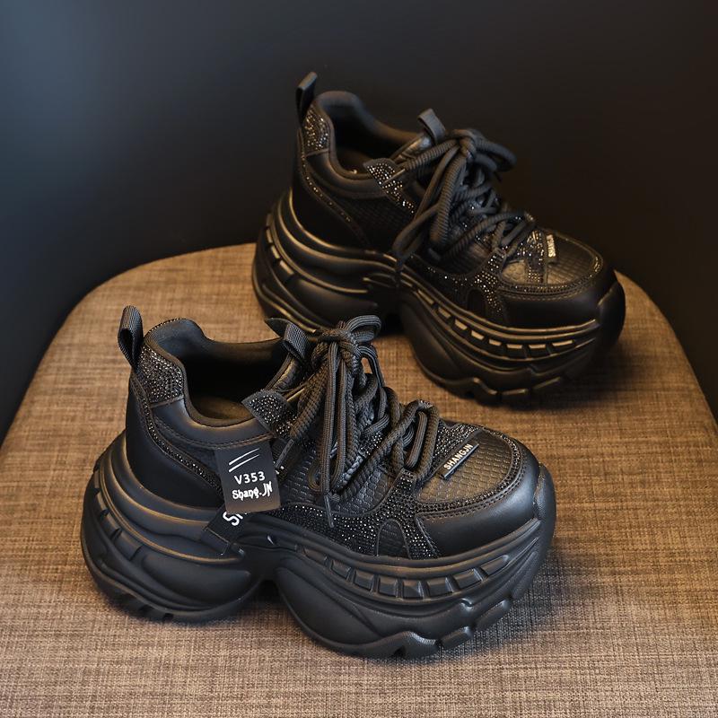 

HS6798-51 Женские туфли на платформе со стразами в стиле «папиных кроссовок» - Тренд осени 2025, Скрытый каблук, Толстая подошва, Супермягкие повседневные кроссовки. 35