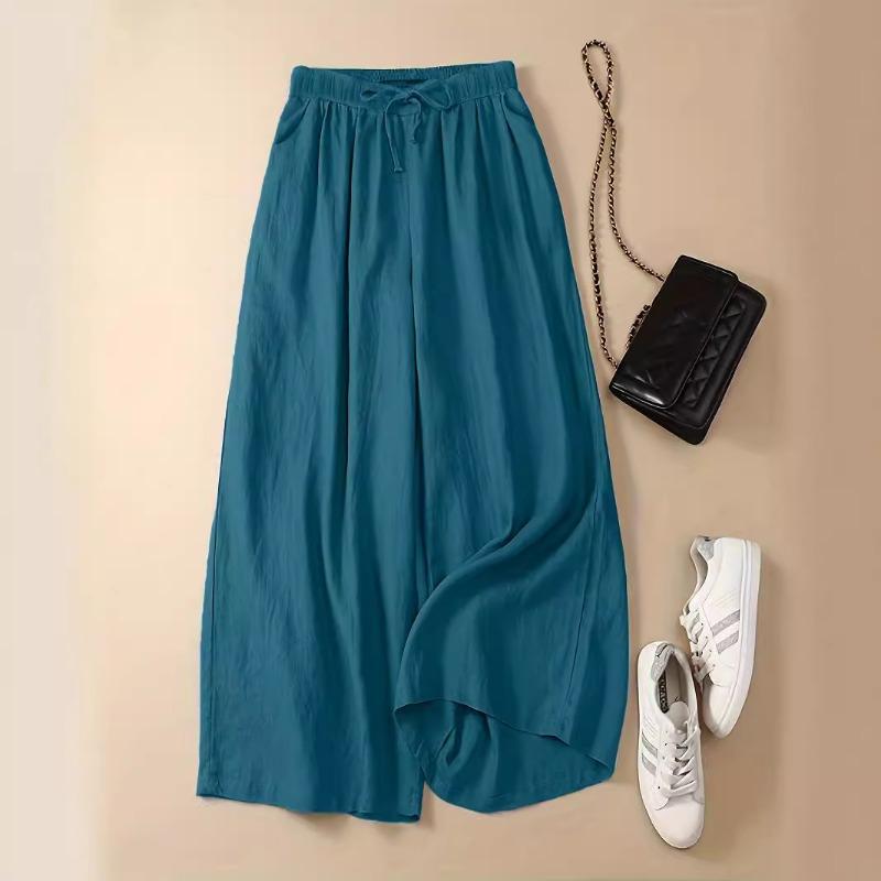 Pantaloni Larghi Casual alla Moda da Donna a Vita Alta con Coulisse a Gamba Larga
