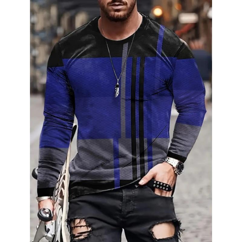 Vintage T-Shirt for Men Irregular Plaid Graphic T Shirts Round Neck Long Sleeve Tee Oversized Man Clothing Top Creative Clothing