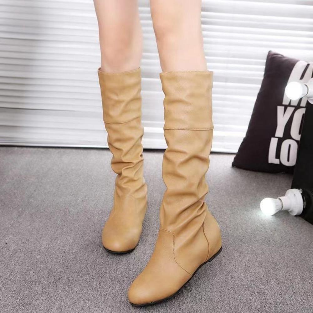 Frühling Herbst Mid-Calf Stiefel Damen Flache Schuhe Damen Hohe Stiefel Lange Western Cowboy Stiefel Damen Schuhe Große Größe 35-43