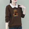 2025 Autumn/Winter Women's Plus Size Velvet Polo Collar Long Sleeve Cartoon Print Sweater