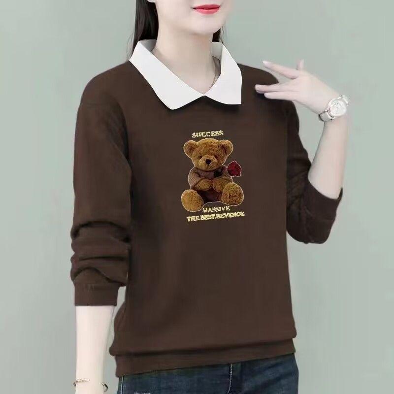 2025 Autumn/Winter Women's Plus Size Velvet Polo Collar Long Sleeve Cartoon Print Sweater