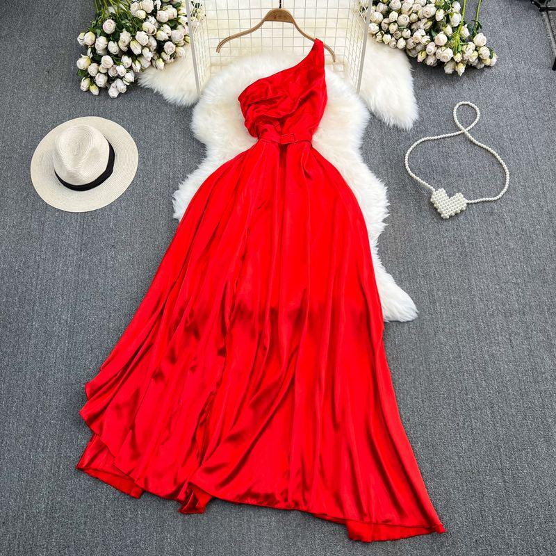

Off-the-Shoulder Party Ladies Elegant Diagonal Collar Suspender Dress Red L