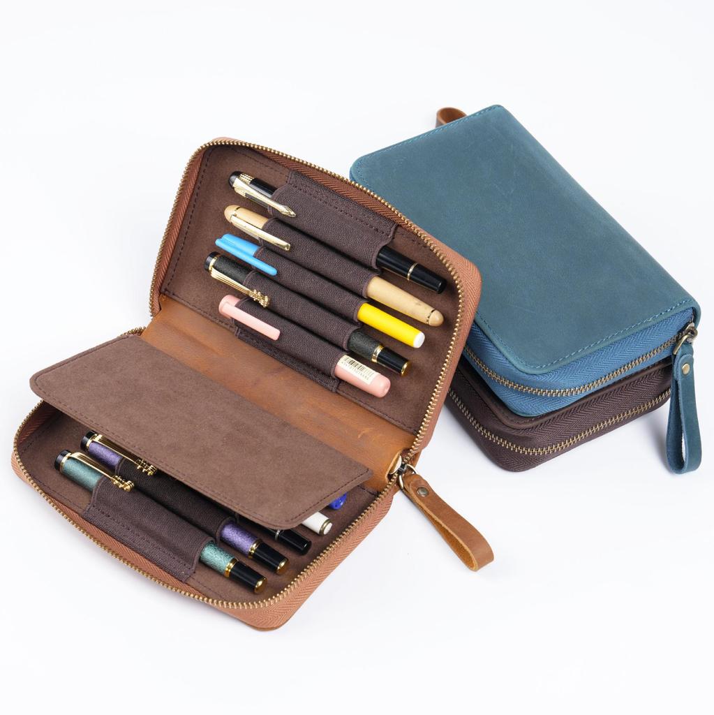Crazy Horse Rindsleder Retro 10-Schlitz Füllfederhalter-Etui mit Reißverschluss