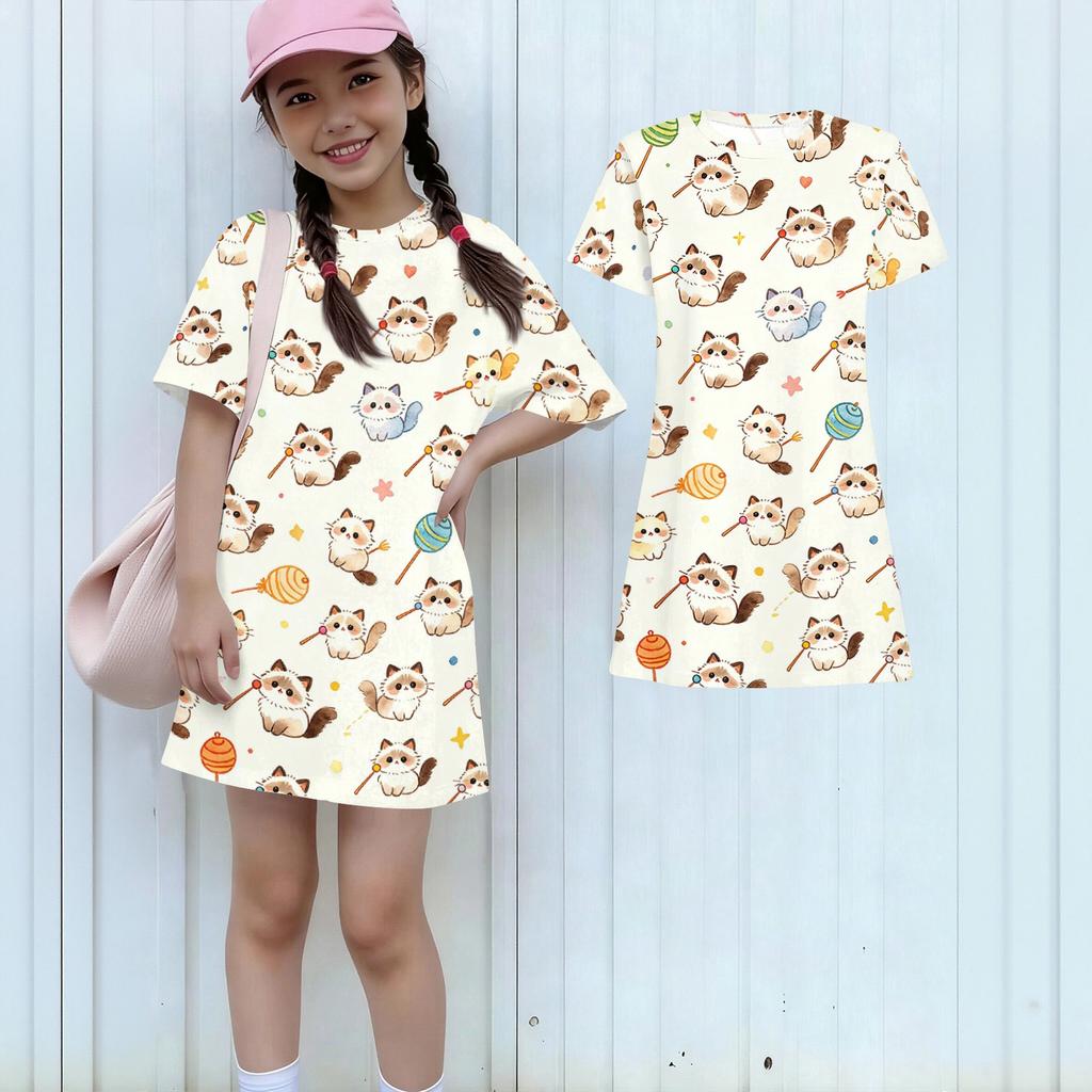 Girls Loose Fit Short Sleeve Dress Kids Animal Print Casual Round Neck Lightweight Summer Dress for Children