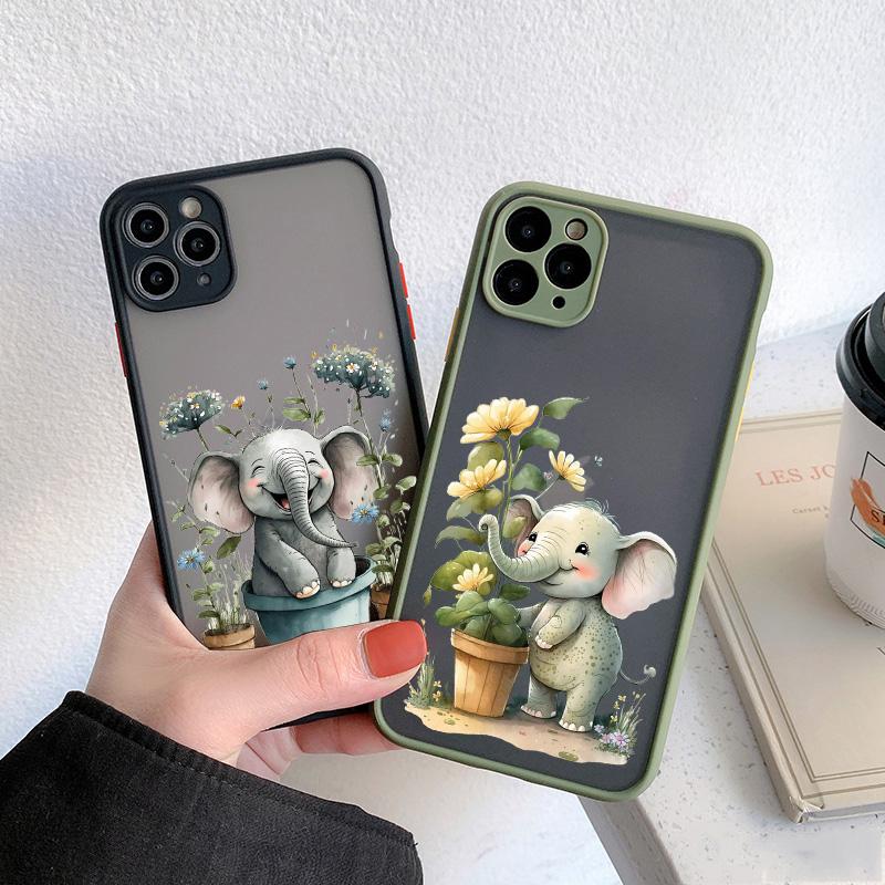 Süßes Cartoon-Elefanten-Tier und Topfpflanze Handyhülle für iPhone 16 15 14 Plus 13 12 Mini 11 Pro MAX XS XR X 7 8 Plus Hülle
