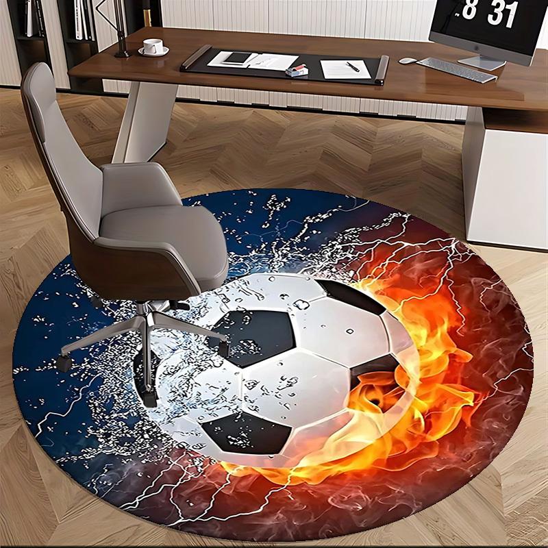 1 Stück Fußball mit Wasserspritzern und Feuermuster Runder Teppich Bürostuhlmatte, Rutschfester Teppich für Heimdekoration, Wohnzimmer, Schlafzimmer, Spielzimmer, Geschenk