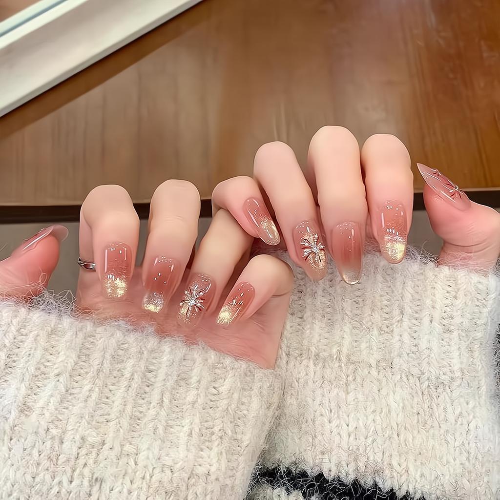 Press On Nails Cat Eye Fake Nails with Glitter Design Artificial Acrylic Nails Glossy False Nails Full Cover Stick On Nails Glue On Nails for Women