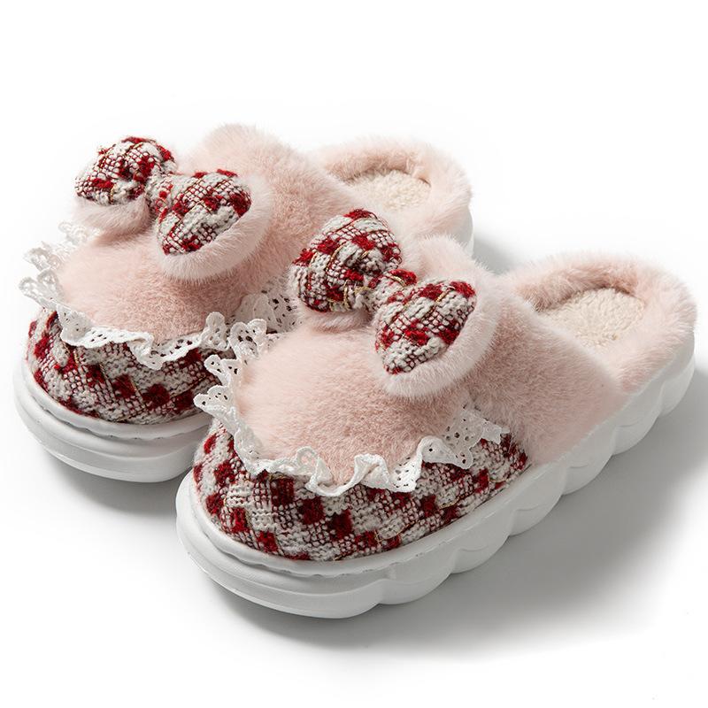 Cartoon bow wool slippers autumn and winter home living room bedroom warm fleece soft bottom lightweight cotton slippers