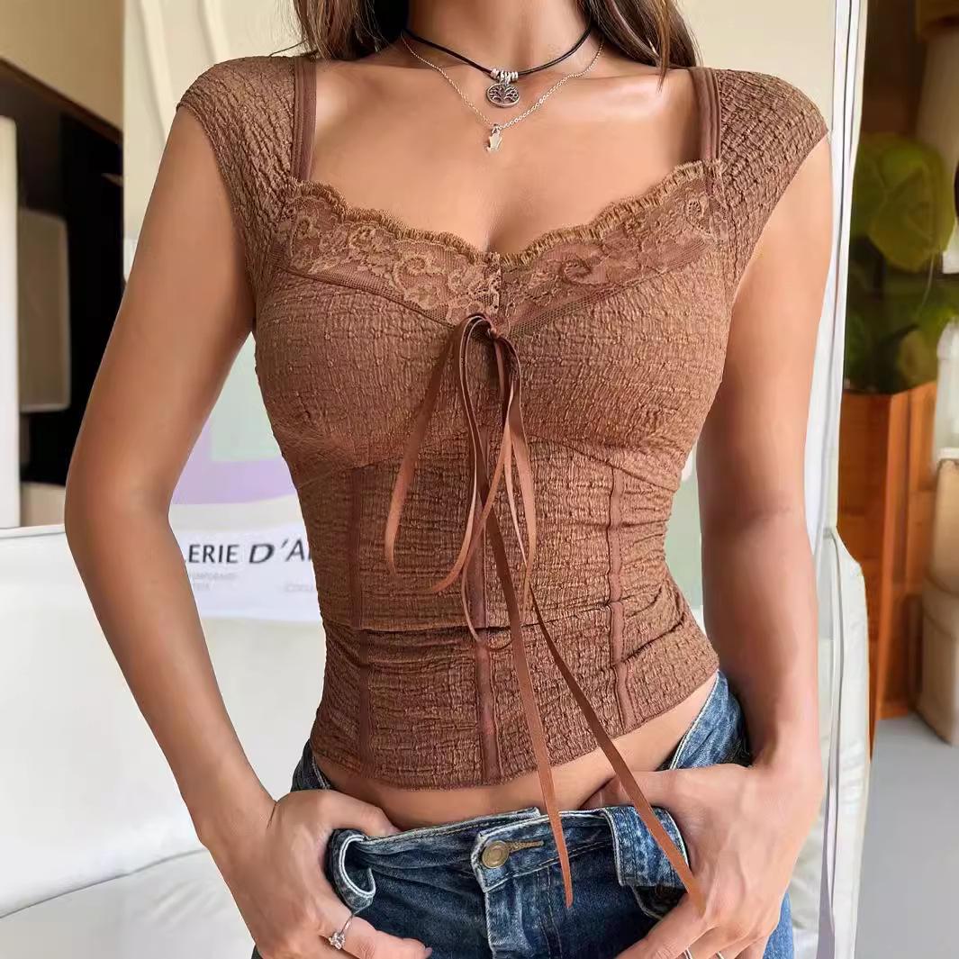 

2024 Spicy Girl Vintage Brown Bowknot Lace Short Sleeve T-shirt Large темно-коричневого