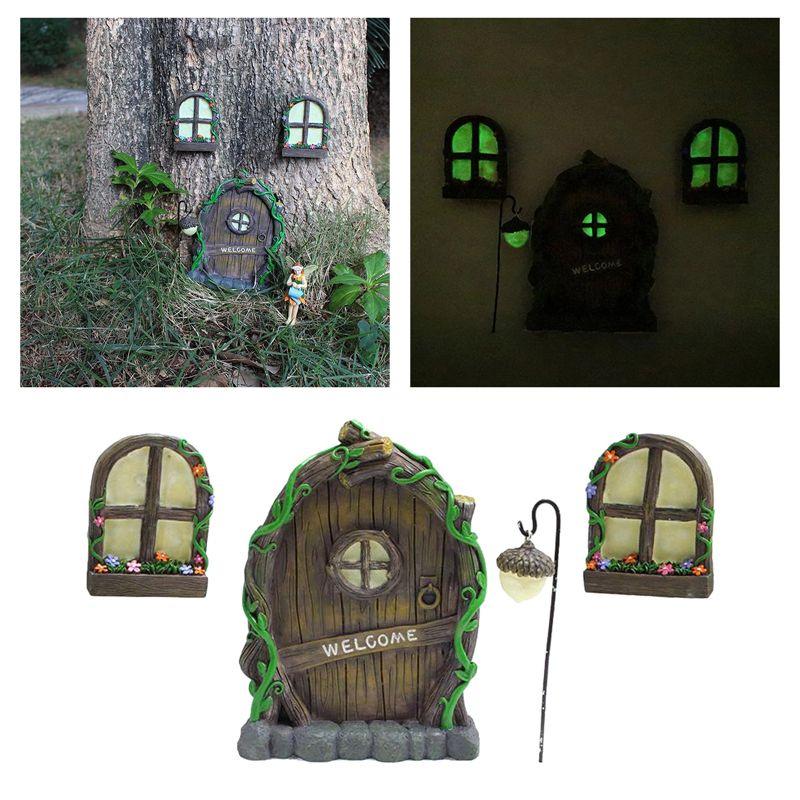 Fairy Miniature 4pcs Tree Door Window Door Glow Gnome Elf Home Sculpture Statues