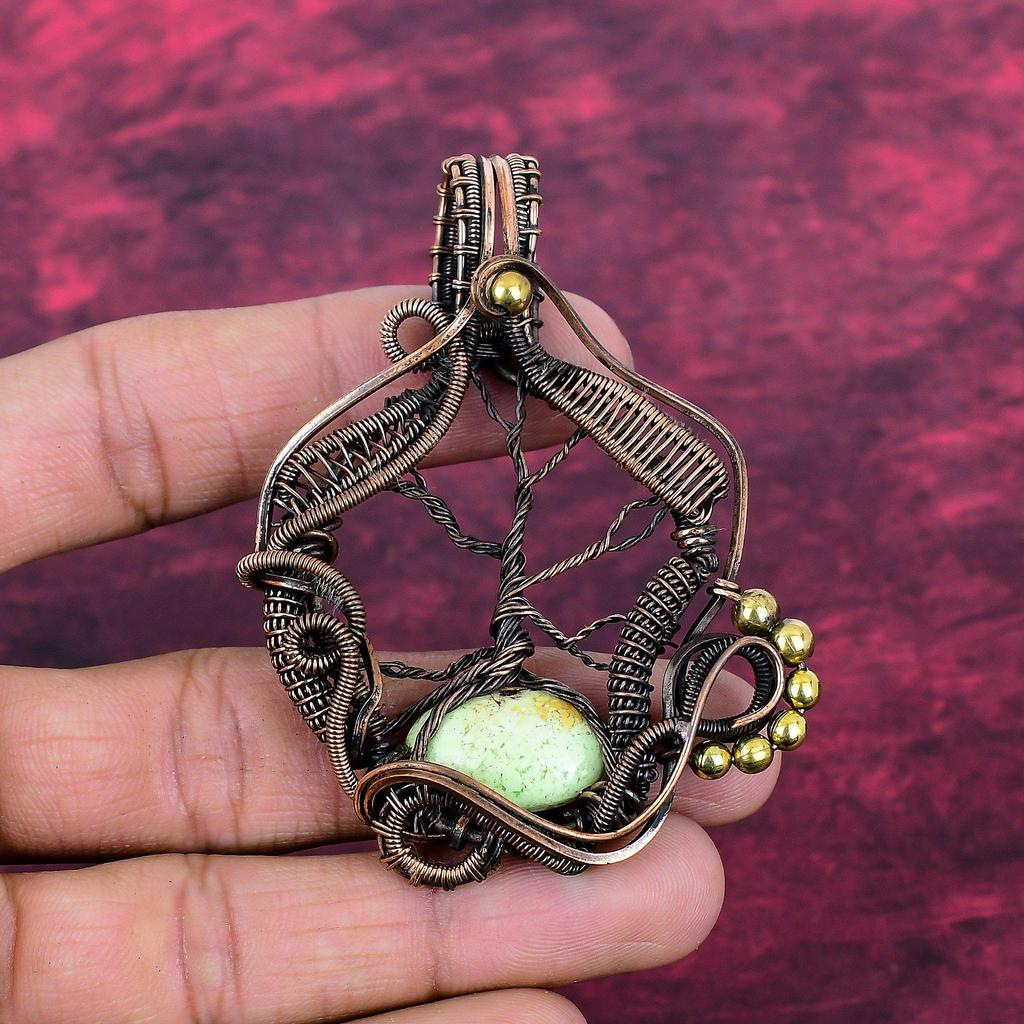 Tree Of Life Lemon Chrysoprase Gemstone Pendant Copper Wire Wrapped Handmade Jewelry