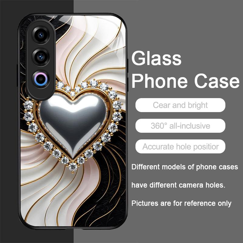 Stylish Black White Heart with Pearls Tempered Glass Phone Case for Oneplus 13R 12 11 10 9 Nord CE4 3 2 Lite ACE2 ACE3 Pro Cover
