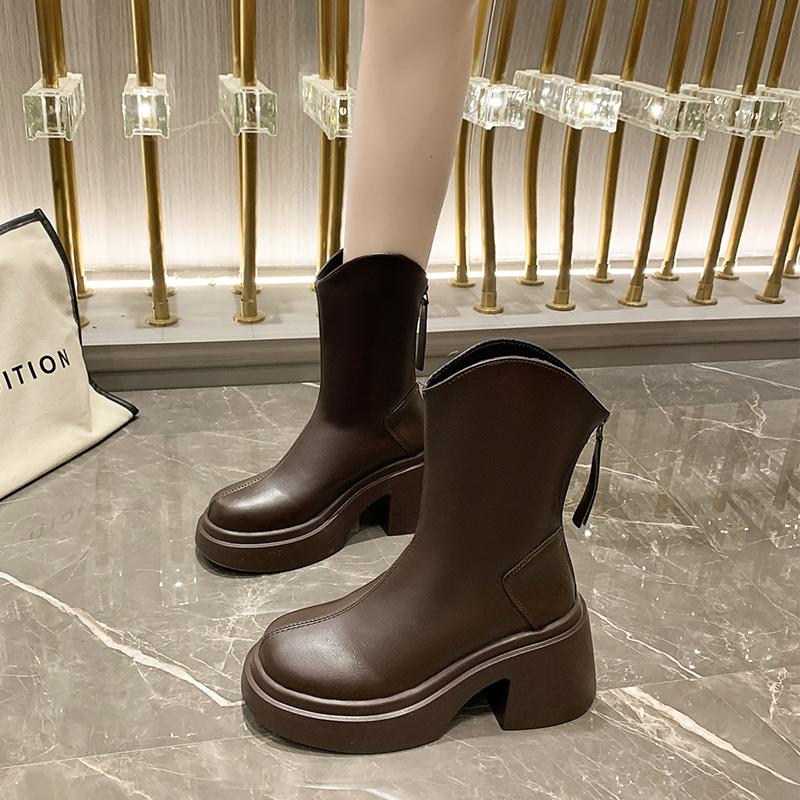 Autumn And Winter New Trend Fashion French Thick-Soled Thick-Heeled Round-Toe Waterproof Platform High-Heeled Fashion Boots