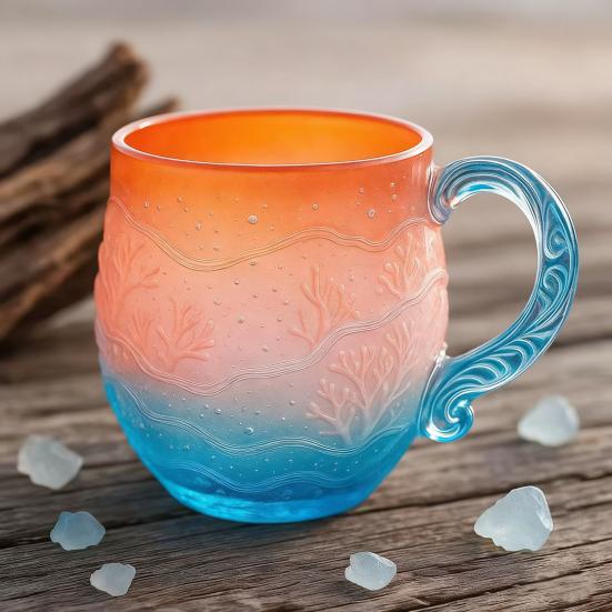 Yousheng Ocean Sunset Glass Mug Sea Inspired Coffee Cup with Wave Handle Gradient Colors Tea Cup for Hot Cold Drinks