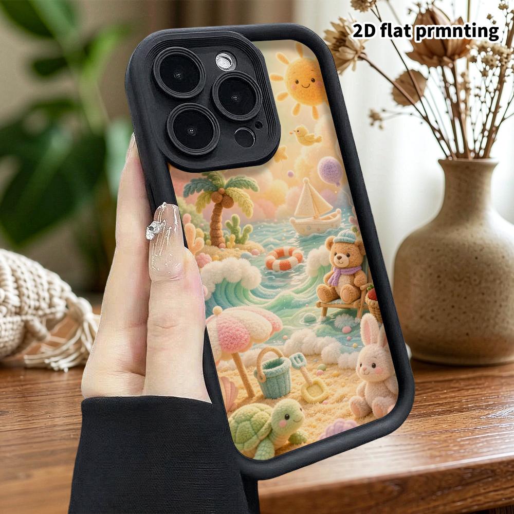 Phone Case: 2D Flat, Suitable for iPhone 18 17 16 15 14 13 12Pro Protective Case, Cute Bear Beach Vacation, Perfect Christmas and Halloween Holiday Gi