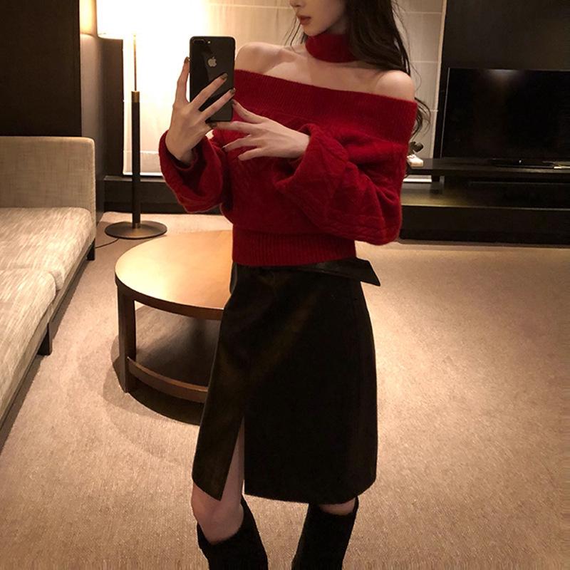 2026 Women's Elegant Slim Fit One-Shoulder Cable Knit Sweater - French Retro, Soft Texture, Christmas Edition