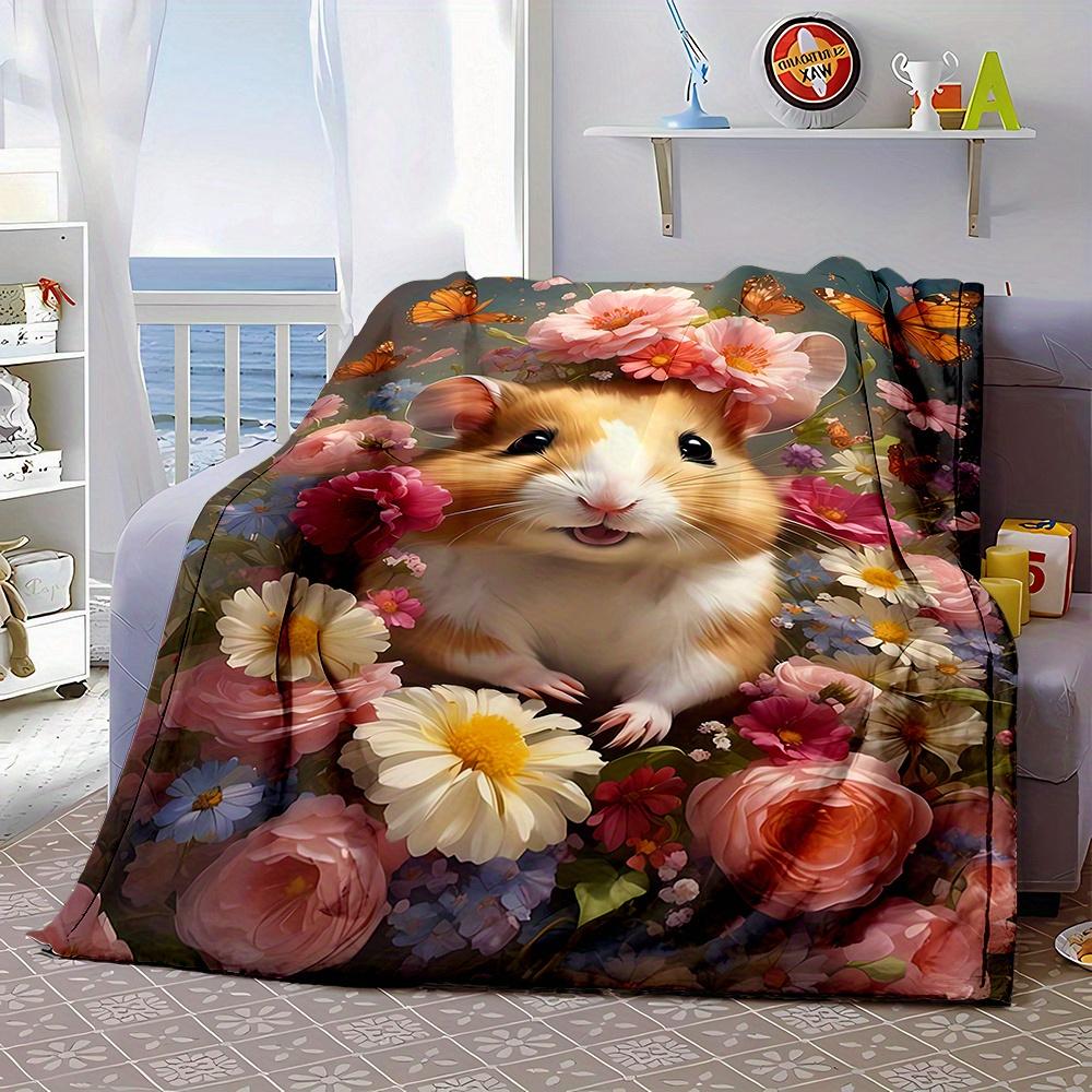 Mixed Color Cartoon Hamster and Floral Pattern Digital Print Flannel Throw Blanket - Non-woven, Polyester, Reversible All-Season