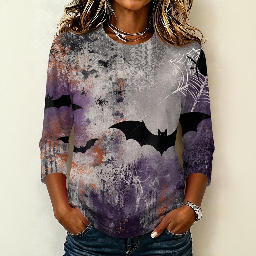 Women's Casual Round Neck Three Quarter Sleeve Halloween Print T Shirt Top Lightweight Comfortable Fit for Daily Wear
