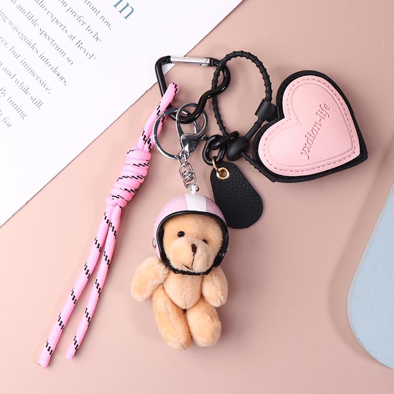 

Helmet Bear Pendant Sweet Cool Leather Love Weaving Rope Creative Keychain Doll Bag Pendant розовый