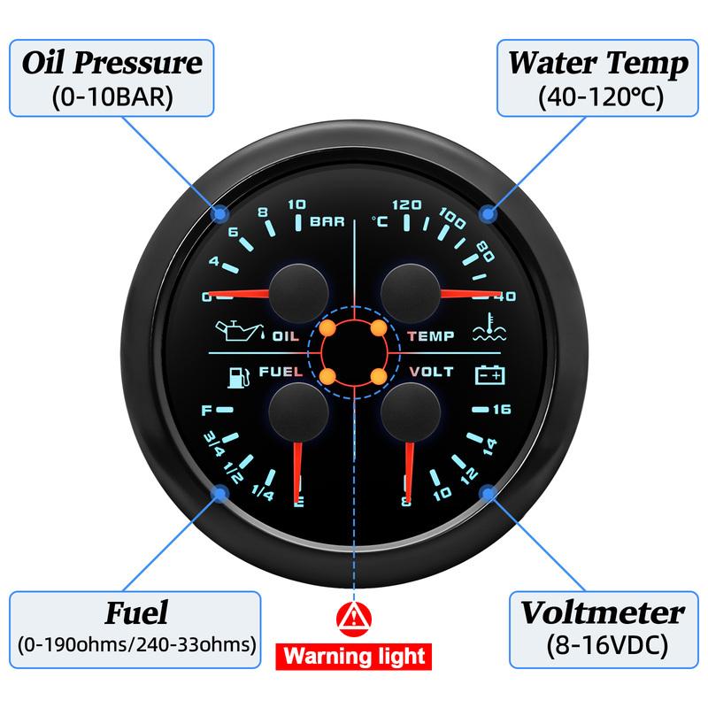 7 Color LED MultiFunction 85mm Gauge Oil Pressure+Water Temperature+Fuel Level Gauge+Voltmeter with Sensor 0-190ohm Auto Car 12V