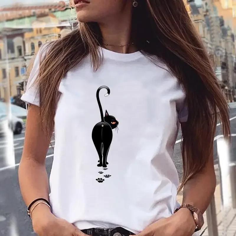 Cute Cat Animal Print T-shirt Round Neck Women's Blouse Fashion Women's Graphic Harajuku Aesthetics