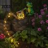 Nature Inspired Outdoor Ornaments Solar Frog Garden Stake Light, Watering Can Shadow Projection Lamp with Metal Landscape Lighting Waterfall LED, Yard