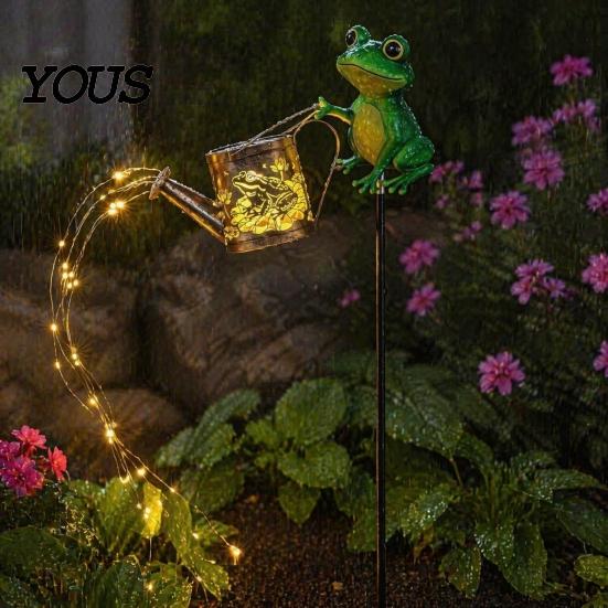 Nature Inspired Outdoor Ornaments Solar Frog Garden Stake Light, Watering Can Shadow Projection Lamp with Metal Landscape Lighting Waterfall LED, Yard
