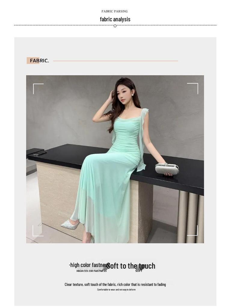 Elegant French Fairy Mesh Camisole Maxi Dress - Travel, Resort, Pleated, Cinched Waist, Hip-Hugging Mermaid Style for Women.