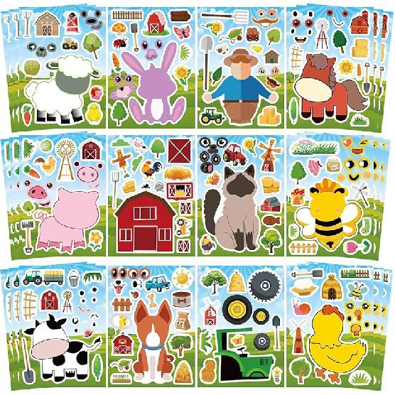 36 PCS Farm Animal Stickers Sheets, Make-a-face Sticker, Make Your Own Stickers for Kids Farm Themed Party Favors Supplies Craft Birthday Gift for