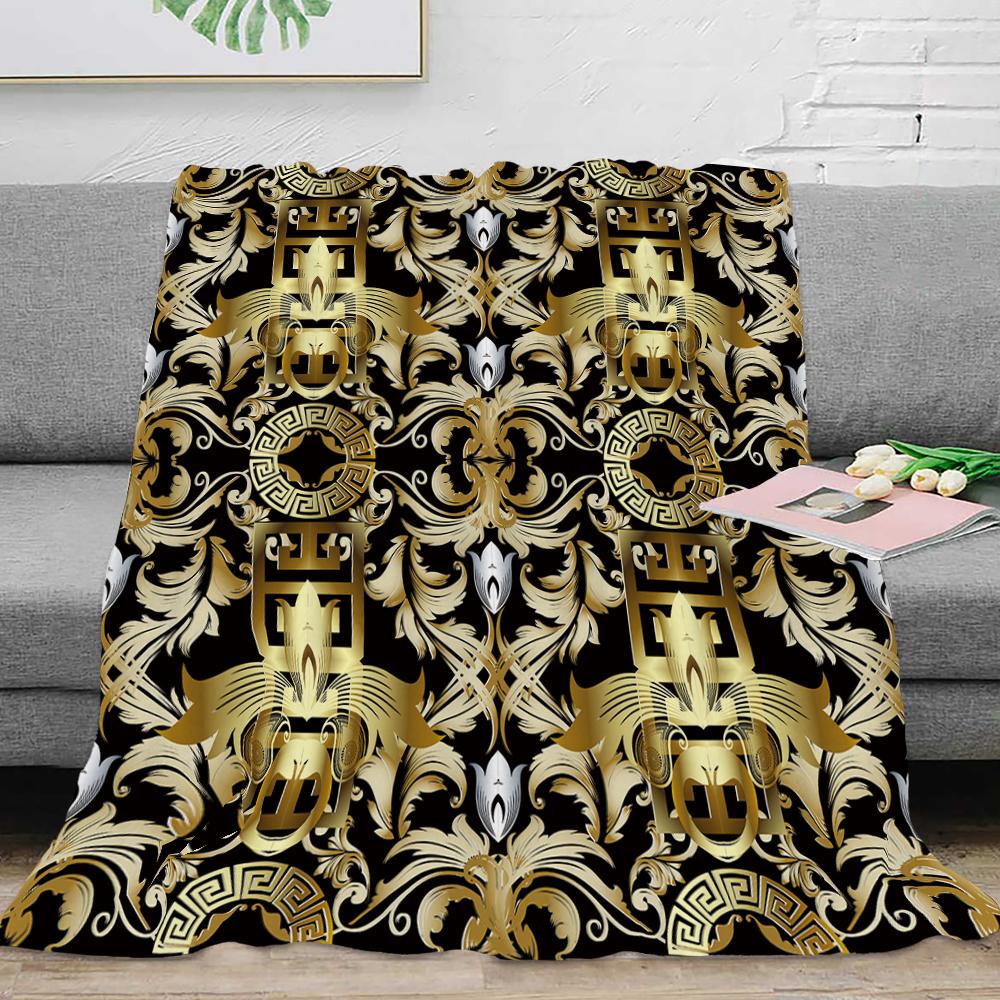 Couverture Plaid en Flanelle Luxe Noir Or Clé Grecque Méandre Baroque Douce Peluche Moelleuse Chaude Décoration Maison Couette Linge de Lit Cadeau