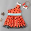 Baby Kids Girls Triangle Printed One Shoulder Tulle Dress with Bowknot Headband Cosplay Costume Clothes for 0.5-5 Years