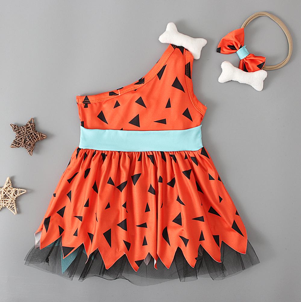 Baby Kids Girls Triangle Printed One Shoulder Tulle Dress with Bowknot Headband Cosplay Costume Clothes for 0.5-5 Years