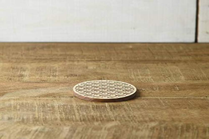 Yamani Brown Coaster, 8.8cm, Kumiko-style Hinoki (Japanese Cypress) Traditional Pattern, 47190253