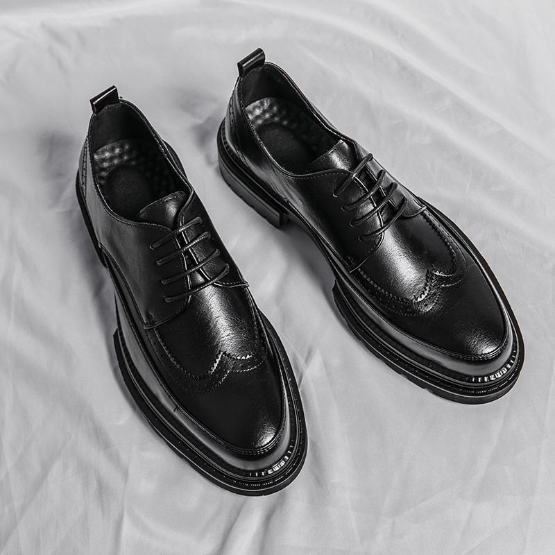 Leather Shoes for Young Men British Brock Formal Business Increase Casual Black Wedding Groom Lace-up Men's Shoes