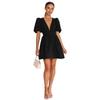 Women Spring Solid Color V-Neck Short Puff Sleeve Dress Summer Casual A-Line High Waist Above Knee Dresses S-XL