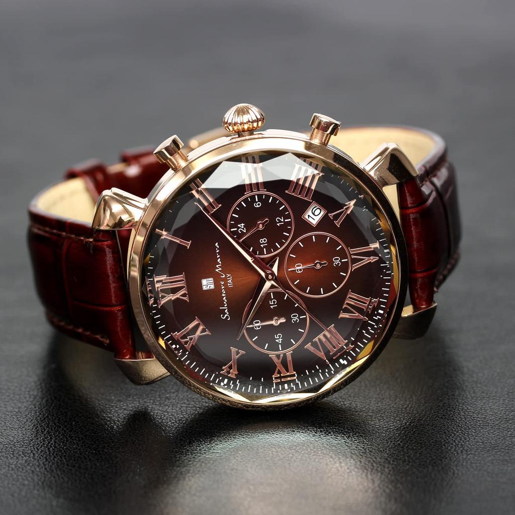 Salvatore Marra Brown Ice Black Collection Watch with Glass and Leather Model Men's Multi-Faceted Strap, SM19104-PGBRBR