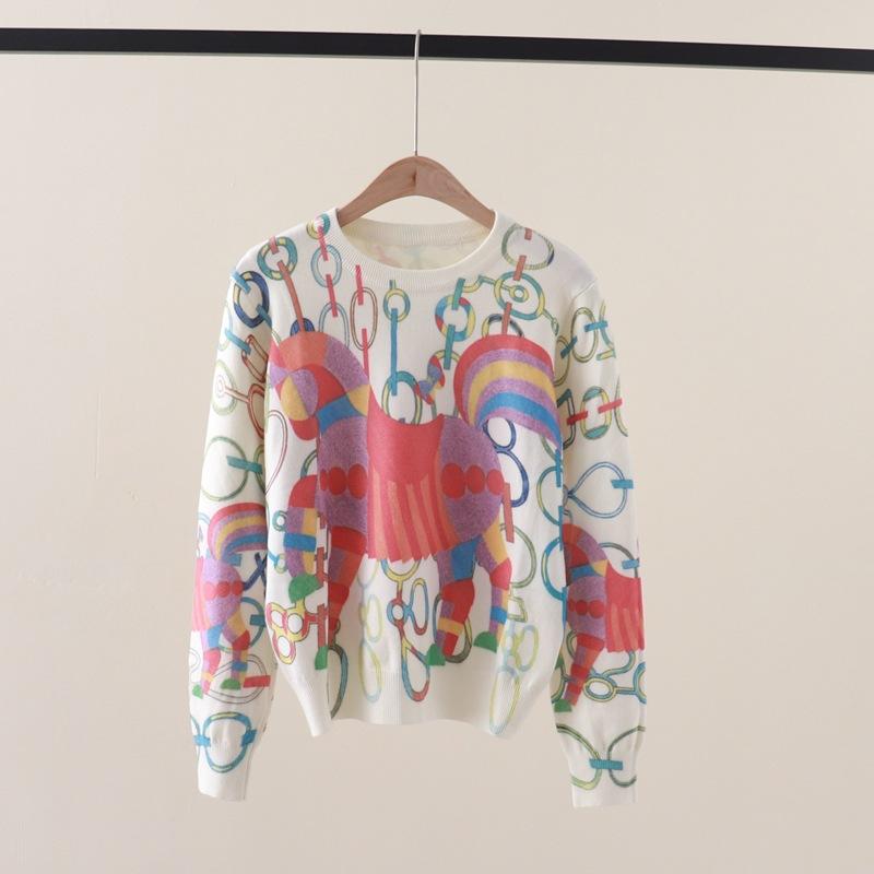 

Винтажный женский свитер, пуловер с круглым вырезом, модный красочный вязаный топ с принтом пони, теплая подкладка с длинными рукавами One Size бежевый