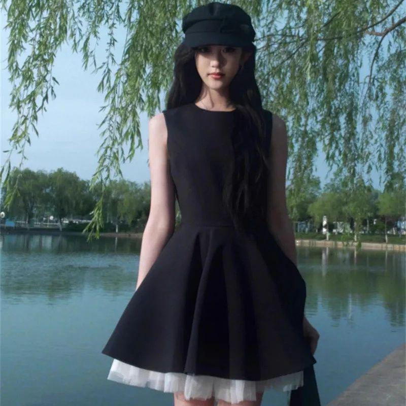 

Stylish Summer 2026 French Black Mesh Sleeveless Dress: Waist-Cinching Flared Mini Skirt S (Recommended for under 90 lbs)