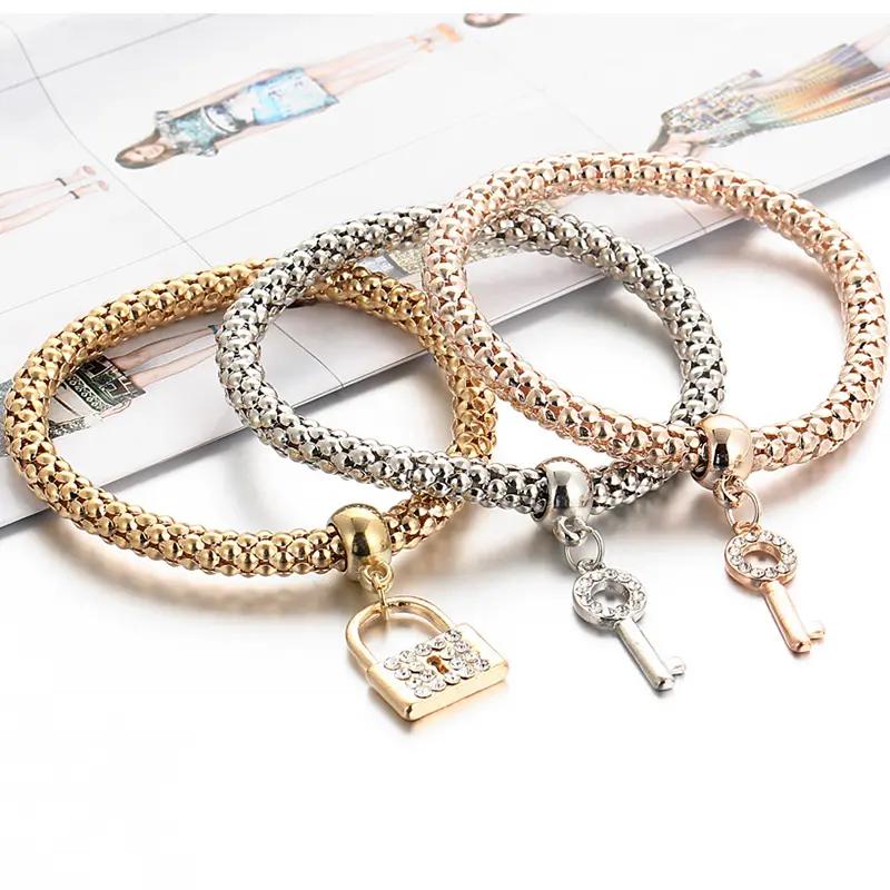 3pcs Alloy 3 Color Set Stretchy Popcorn Bracelet, Crystal 3 Pcs Key Lock Bracelet Jewelry