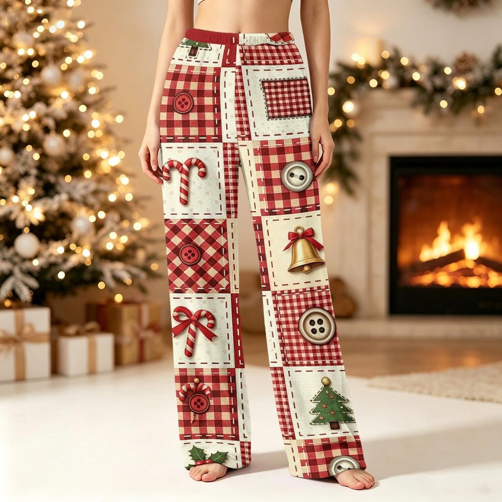 Women's Christmas Plush Pants with Snowflake and Christmas Tree Print, Cozy Sleep Pants for Home