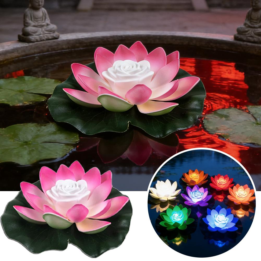18cm LED Waterproof Floating Wishing Lotus Light Artificial Flower Floating Fake Lotus Plant Water Lily Micro Landscape Decor