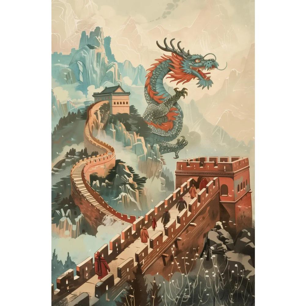 Vintage Iconic Mysterious Grand Chinese Loong Poster The Great Wall Modern Prints Canvas Wall Art Picture Home Living Room Decor